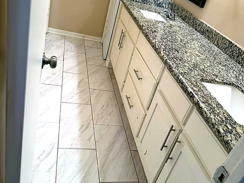 Guest bathroom vanity cleaned for Airbnb turnover